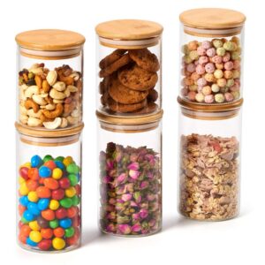 EZOWARE Set of 6 High Borosilicate Glass Jars with Airtight Natural Bamboo Lids
