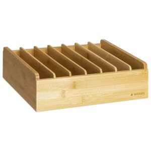Navaris Bamboo Kitchen Organiser - Storage Box for Food Container Lids - Rack Tray with 6 Adjustable Dividers for Drawer Shelf Cupboard or Counter Top
