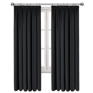 Imperial Rooms Blackout Curtains Pencil Pleat Black Curtains for Bedroom 66 x 72 Inch Drop - Super Soft Thermal Insulated Tape Top Living Room Window Curtain & Drapes Pair Panel + Tiebacks