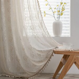 USTIDE 1Panel Rustic Crochet Curtain Cotton Lace Curtain Beige Rose Knitting Curtain Retro Romantic Sheer Curtain Elegant Rod Pocket Curtain 71 Inches Long
