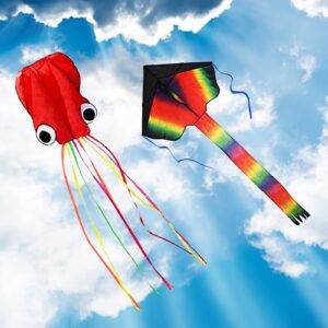 ZoomSky 2 Pack Kites - Large Rainbow Delta Kite and Red Mollusc Octopus with Long Colorful Tail for Children Outdoor Game