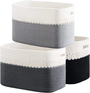 EternalBeauty Storage Baskets for Shelves Set of 3 Bathroom Basket Rectangle Hollow Woven Basket 15"x10"x9" Cotton Rope Basket Toy Storage Basket Baby Nursery Storage Box Towel Storage
