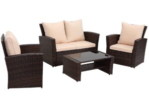 Esterno Living Luxury Garden Furniture Set. Brown Wicker Chairs and 4 Seater Sofa in Woven Outdoor Rattan With Table For Use on Balcony
