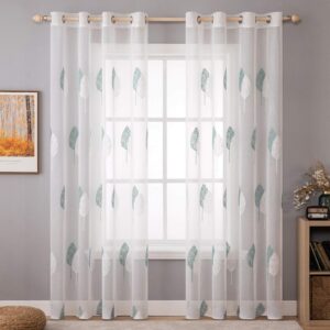 MIULEE Leaves Embroidery Sheer Curtains Grommet Window Curtain Semi Voile Drapes Panels with Eyelets Window Treatments for Living Room Bedroom Big Leaves Blue 2 Panels 55" W x 85" L