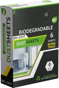 Brackit 6-Pack Biodegradable Large Plastic Dust Sheets for Decorating - 2.7m x 3.6m (12ftx 9ft) - 20 Micron - Embossed White Sheets for Painting - Waterproof Plastic Sheets for Painting & Covering