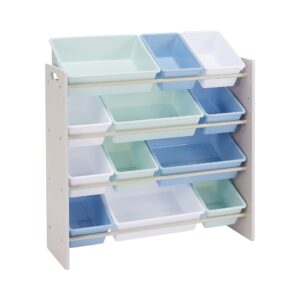 Amazon Basics Kids&rsquo; Toy Storage Organiser with 12&nbsp;Plastic Bins - Grey Wood with Blue Bins