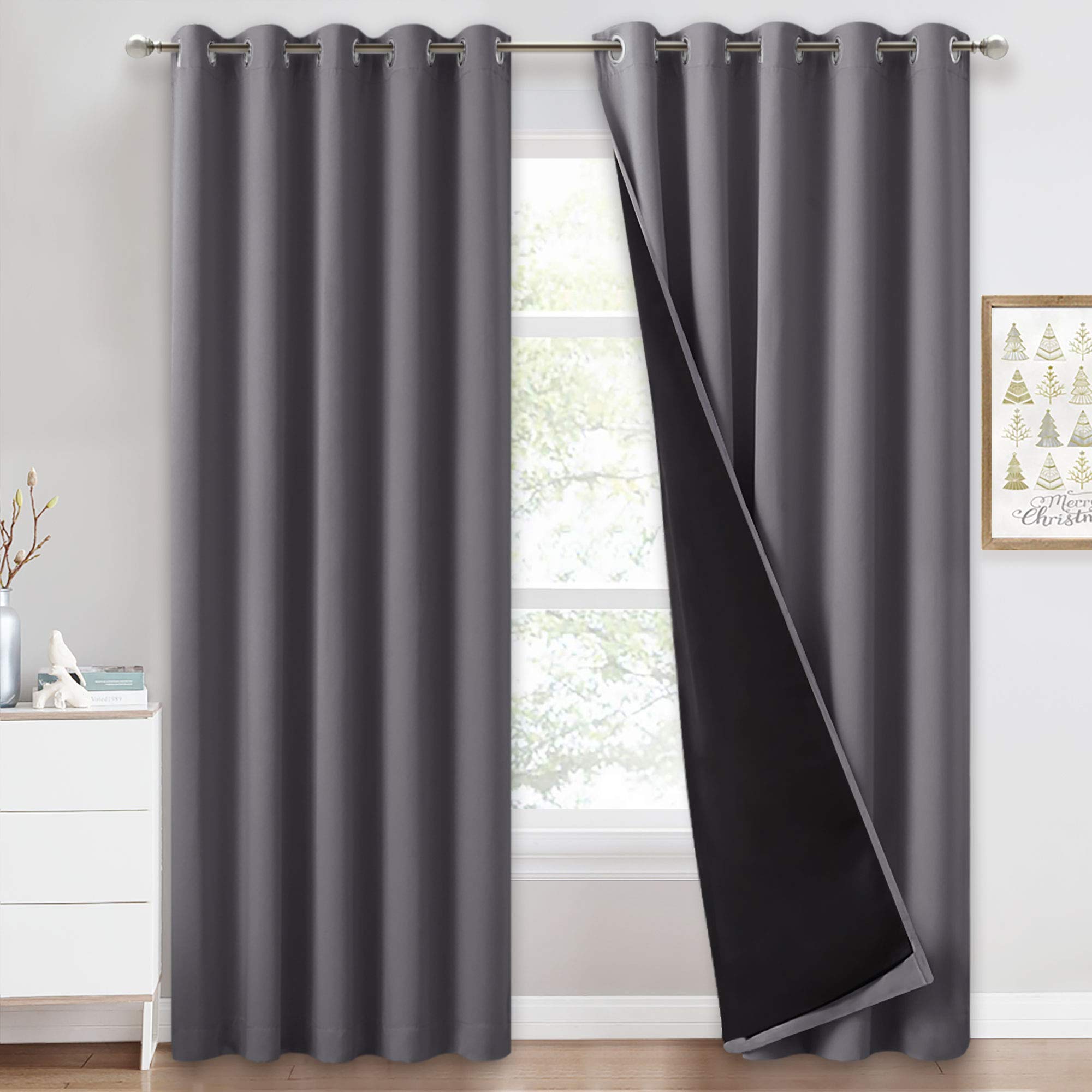 PONY DANCE Grey Blackout Curtains for Bedroom 90 Inch Drop
