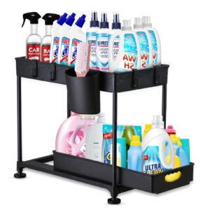 ETAOLINE Under Sink Storage Organiser Kitchen Storage Cupboard Organiser with Hooks Cup 2 Tier Multi-Purpose Slide Out Under Sink Organiser for Bathroom Kitchen Countertop