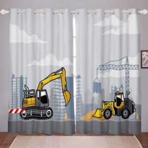 Kids Construction Curtains Child Boys Girls Cartoon Excavator Bulldozer Curtain Construction Vehicle Window Curtains for Bedroom Luxury Drapes 2 Panel Set W46*L54