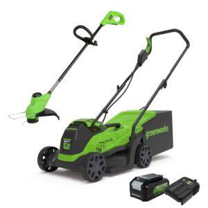 Greenworks Electric Lawn Mower 24V 33cm 30L Grass Catcher Box GD24LM33 and Cordless Grass Trimmer 25cm G24LT25 Auto Feed Head incl. 1 Battery 4Ah & Charge