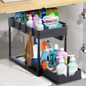 Warmiehomy Under Sink Storage 2 Tier Adjustable Under Sink Organiser Slide Out Storage Drawers with Hooks Hanging Cup Multifunctional Organizer Shelf for Kitchen Bathroom 39.5 x 21.5 x (30-42) cm