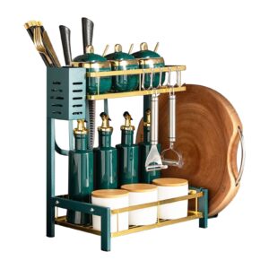 Nukdey Spice Rack 2 Tier Kitchen Countertop Free Standing Storage Organizer Metal Seasoning Storage Shelf Holder with 5 Hooks for Kitchen Living Room Bathroom Countertop Space Saving