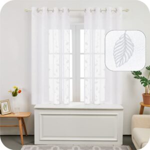 Amazon Brand - Umi Embroidered Leaves Pattern Sheer Curtains Eyelets Linen Effect Voile Curtains Super Soft Net Curtains for Living Room 55 x 71 White Two Panels