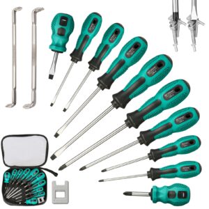Hakkin 13Pcs Screwdriver Set CR-V Professional Precision Screwdriver with Phiilips & Flat Slotted Head Heavy Duty Magnetic Offset Screwdriver Durable Screwdriver Hand Tool Bag Package