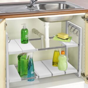 SMONTER Expandable Under Sink Organizer 2-Tier Adjustable Shelf Organizer with 10 Removable Panels and Stainless Steel Pipes with Hooks