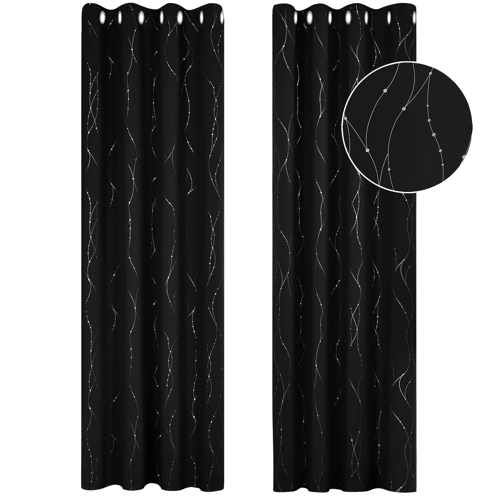 Deconovo Super Soft Dotted Line Foil Printed Thermal Insulated Window Treatment Eyelet Blackout Curtains for Bedroom 46 x 90 Inch Black Two Panels