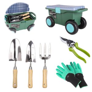 Bluemars Gardening Hand Tool Kit 6PCS Heavy Duty Stainless Steel Garden Tool Set with Rolling Sit-On Garden Tool Storage Cart -Outdoor Gardening Transplanting Gifts for Wome