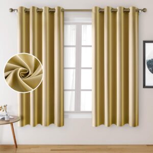 HOMEIDEAS 2 Panels Faux Silk Curtains Gold Blackout Curtains 52 X 63 Inch Drop Room Darkening Curtains for Bedroom