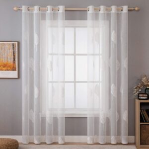 MIULEE Leaves Embroidery Sheer Decoration Grommet Window Curtain Semi Voile Drapes Panels with Eyelets Window Treatments for Living Room Bedroom Big Leaves 2 Panels 55" W x 85" L White