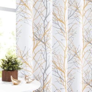 Fmfunctex White Tree Curtains for Bedroom 54inch Blackout Yellow Grey Print Branch Curtains for Living Room Window Treatment Set 50”w Grommet Top Set of 2