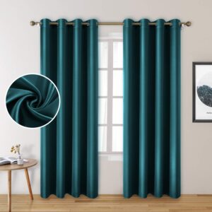 HOMEIDEAS Faux Silk Curtains Teal Blackout Curtains 52 X 96 Inch Drop Room Darkening Satin Curtains for Bedroom
