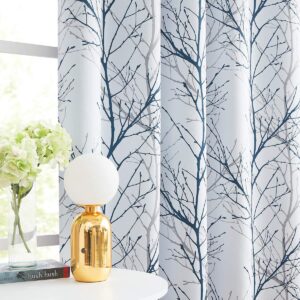 Fmfunctex Blue White Curtains for Bedroom 54&rdquo; Grey Branch Tree Print Blackout Curtains with Liner for Living Room Windows 50&rdquo;w Grommet Top 2 Panels