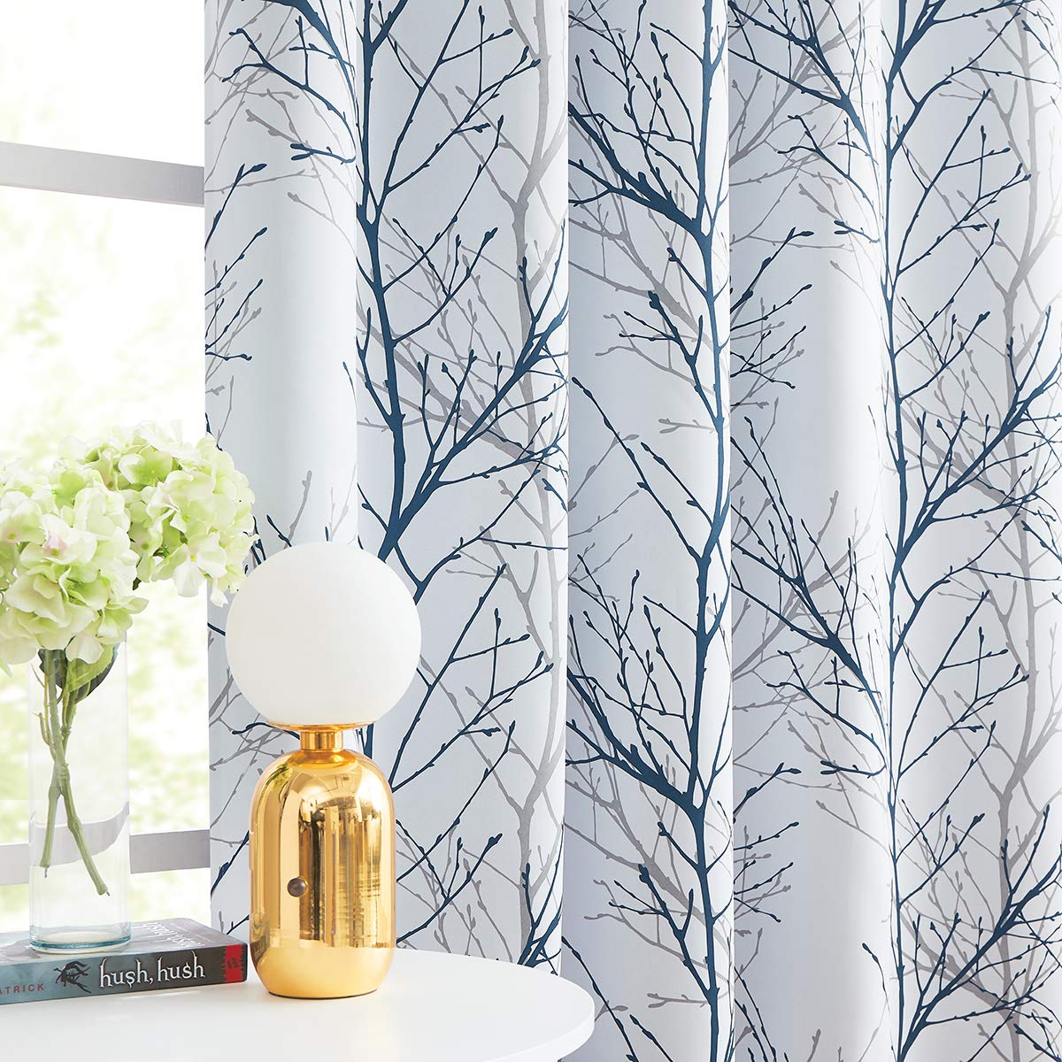 Fmfunctex Blue White Curtains for Bedroom 54&rdquo; Grey Branch Tree Print Blackout Curtains with Liner for Living Room Windows 50&rdquo;w Grommet Top 2 Panels