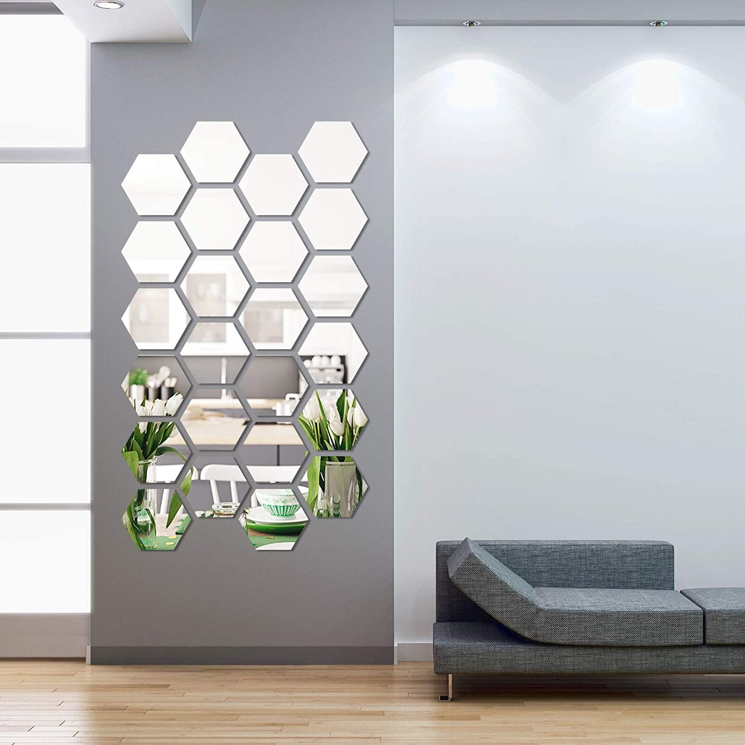 Shappy 24 Pieces Removable Acrylic Mirror Setting Wall Sticker Decal for Home Living Room Bedroom Decor (Hexagon
