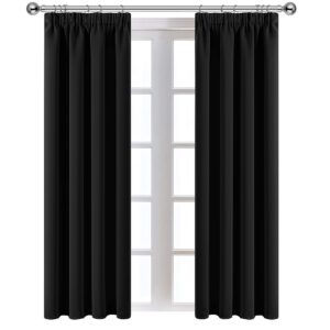 AMEHA Blackout Curtains for Living Room - Pencil Pleat Black Curtains Bedroom 66 x 72 Inch Drop - Super Soft Thermal Insulated Tape Top Window Curtain & Drapes Pair Panel + Tiebacks