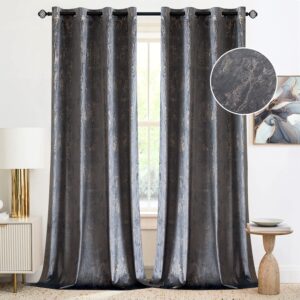 Woaboy Velvet Curtains W 46 x L 90 inches Soft Luxury Living Room Curtains Gold Foil Print Room Darkening Curtains Thermal Insulated Eyelet Drapes for Bedroom 2 Panels