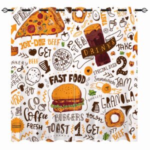 YUANZU Food Curtains - Kids Boys Girls Doodle Pizza Burger Donut Lettering Print Pattern Eyelet Blackout Thermal Insulated Room Darkening Window Drapes for Nursery Bedroom 2 Panels W117cm x D137cm