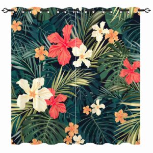 YUANZU Tropical Blackout Curtains - Girls Summer Hawaiian Plant Hibiscus Flower Print Pattern Eyelet Thermal Insulated Room Darkening Window Drapes for Bedroom Living Room 2 Panels W117cm x D137cm