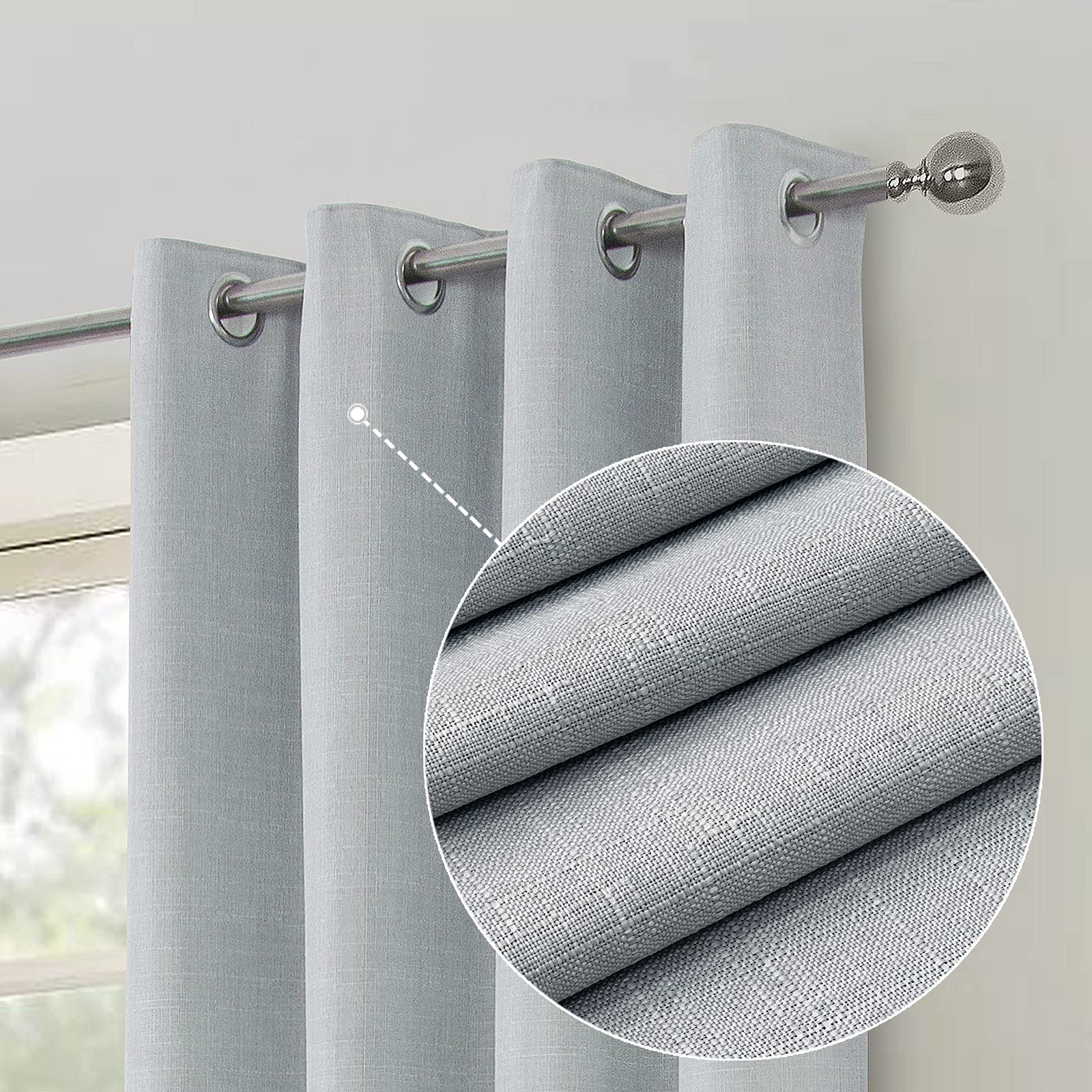 always4u Linen Look 100% Blackout Eyelet Curtains Thermal Energe Saving for Bedroom 1 Pair Noise Reducing Solid Modern Window Treatment for Home Decoration Cloud Silver W46*L54
