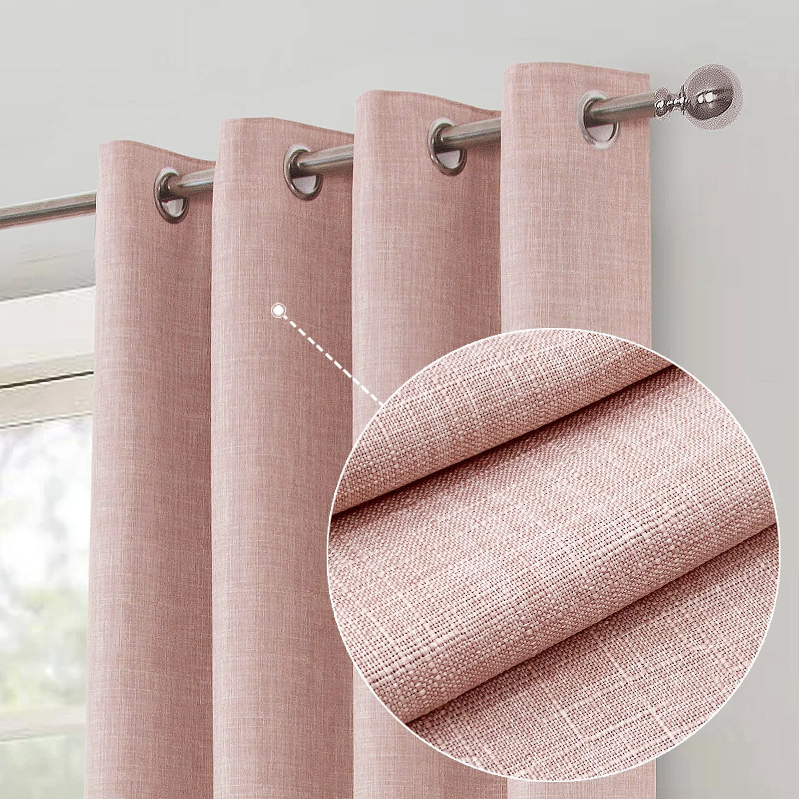 always4u Linen Look 100% Blackout Eyelet Curtains Thermal Energe Saving for Bedroom 1 Pair Noise Reducing Solid Modern Window Treatment for Home Decoration Pink W90*L9