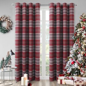 always4u Red Check Curtains Eyelet Ring Top Highland Tartan Curtains for Living Room Bedroom Burgundy Checked Curtain Fully Lined Pair of 66 * 90 Inches