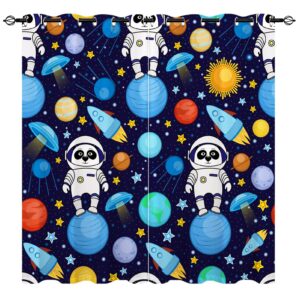 YUANZU Space Blackout Curtains - Kids Colorful Panda Astronauts Rockets Planets Stars Pattern Eyelet Thermal Insulated Room Darkening Window Drapes for Boys Girls Bedroom 2 Panels W117cm x D137cm