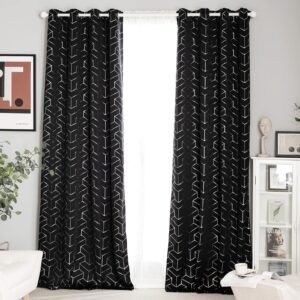 PONY DANCE Blackout Curtains for Bedroom - Black Thermal Insulated Curtain with Decoratived Shiny Silver Geometric Pattern Halloween Decor for Door