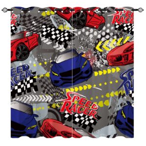 YUANZU Racing Car Curtains - Kids Boys Childish Red and Blue Sportcar Print Pattern Eyelet Blackout Thermal & Room Darkening Window Drapes for Nursery Bedroom Playroom 2 Panels W117cm x D137cm