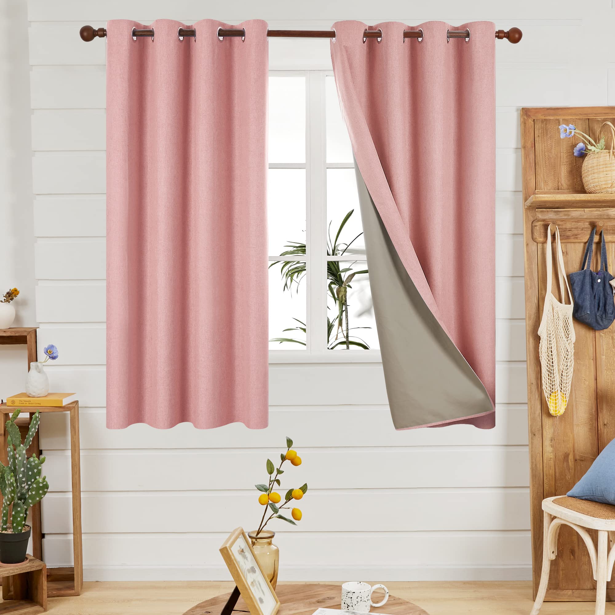 Deconovo Faux Linen 100% Blackout Curtains Eyelet Curtains Thermal Insulated Curtains for Living Room Blush Pink W46 x L54 One Pai