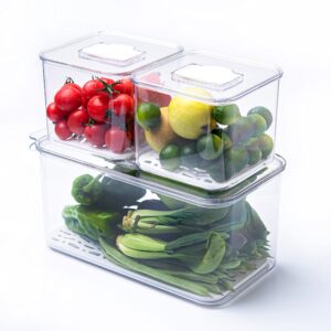 AZONEIN Clear Plastic Stackable Storage Boxes - Kitchen Fruit Freezer Storage Containers Fridge Organisers Bins With Valve And Removable Drain Board