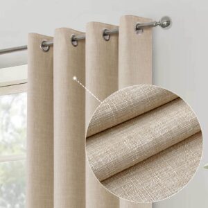 always4u Linen Look 100% Blackout Eyelet Curtains Thermal Energe Saving for Bedroom 1 Pair Noise Reducing Solid Modern Window Treatment for Home Decoration Beige W90*L9