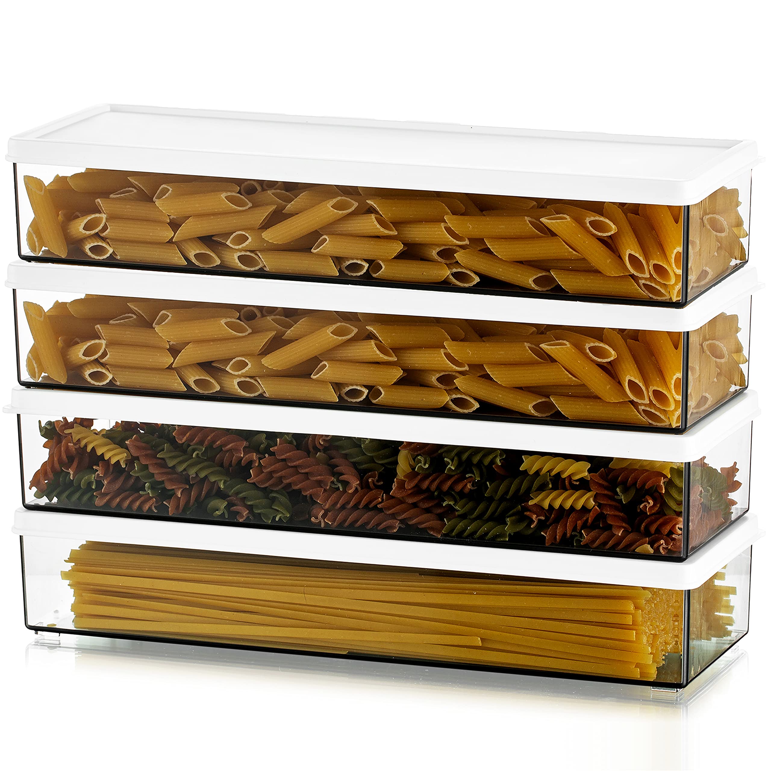 Hanobe Pasta Storage Spaghetti Container: Set of 4 Plastic Airtight Spaghetti Jar with Lids Rectangular Food Storage Containers Durable and Stackable for Pantry Drawer Fridge Kitchen Cupboards