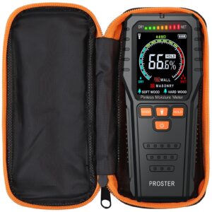 Proster Pinless Moisture Meters with Backlit LCD Screen Non-Invasive Moisture Meter Detects up to 3/4-Inch Below Surface for Non-Destructive Moisture Detection Wallboard Masonry Hardwood and Softwood