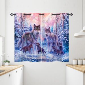 ANHOPE Wolf Curtains Eyelet Ring Top Thermal Insulated 80% Blackout Curtains with Oil Painting Snowy Forest Wolf Family Print Pattern Window Drapes for Bedroom Living Room 28 x 54 Inch Drop 2 Panels