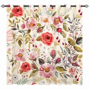 YUANZU Vintage Floral Curtains - Boho Girls Watercolor Romantic Flowers Leaves Print Pattern Eyelet Blackout Thermal Window Drapes for Bedroom Living Room Dining Room Office 2 Panels W75cm x D166cm