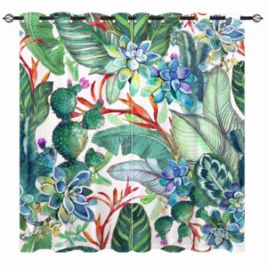 YUANZU Tropical Blackout Curtains - Girls Watercolor Botanical Succulents Tropical leaf Floral Print Pattern Eyelet Thermal Insulated Window Drapes for Bedroom Living Room 2 Panels W75cm x D166cm