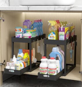 DAIFANNUO Under Sink Storage Kitchen Bathroom Cabinet Organizer 2 Tier Sliding Drawer Counter Organization Shelf Rack with Pull Out Basket and Hooks