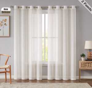 Beauoop Natural Linen Sheer Curtains for Living Room Bedroom Linen Textured Home Decorative Light Filtering Window Curtain Panels Vintage Farmhouse Grommet Top Drapes