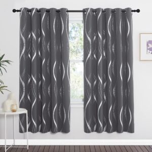 PONY DANCE Blackout Curtains for Living Room - Noise Reduction Thermal Curtains with Eyelet Silver Wave Line Foil Printed Window Treatment Drapes for Nursery