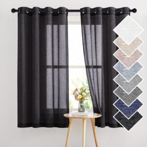 PONY DANCE Curtain Linen Look Black Short Curtains 160 cm High Curtains in Country House Silver Curtain Semi-Transparent Voile Grinds with Eyelets for Kitchen Windows 2 Pieces H 160 x W 140 cm